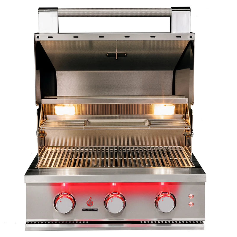 TrueFlame 25-Inch 3-Burner Built-In Gas Grill with halogen interior lighting, stainless steel cooking grates, warming rack, and removable cooking tray