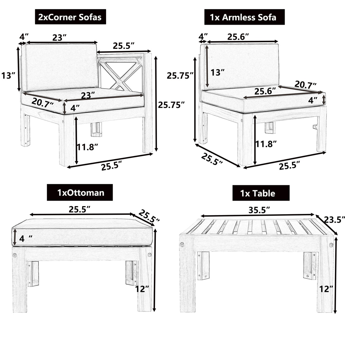 Topmax Outdoor Patio Wood 5-Piece Sectional Sofa Seating Group Set