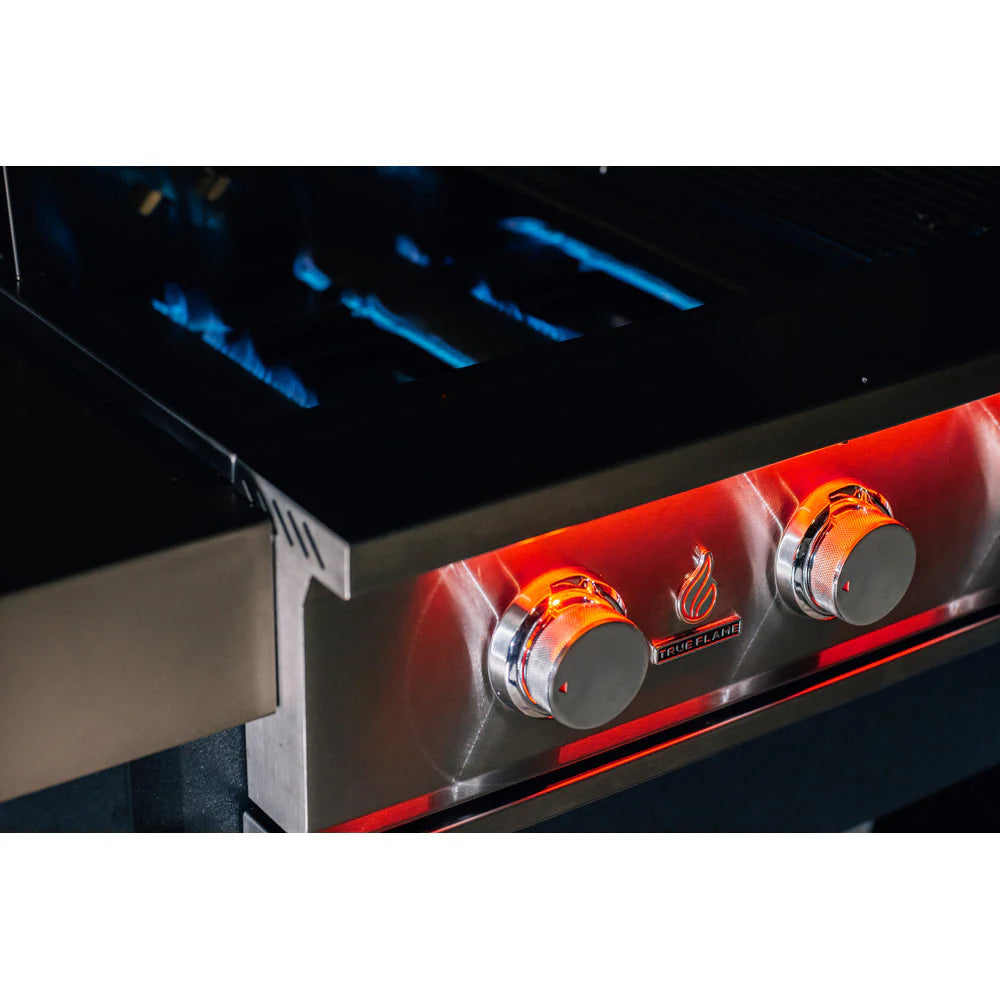 Four cast stainless steel burners operating inside the TrueFlame grill