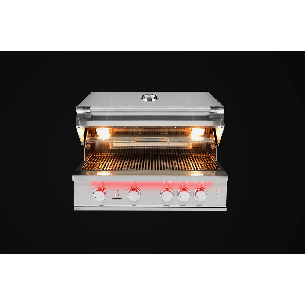Balanced multi-position hood opened on the TrueFlame 32-Inch gas grill