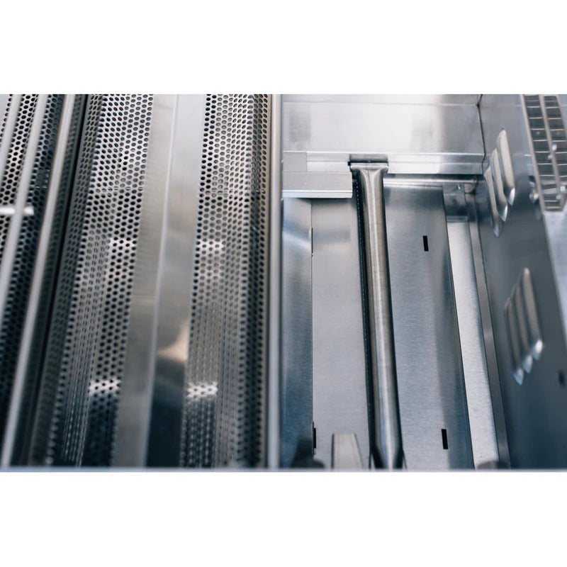 Interior view of the TrueFlame TFE Series 32-Inch 4 Burner Built-In Grill showing #304 stainless steel flame tamers and tube burners