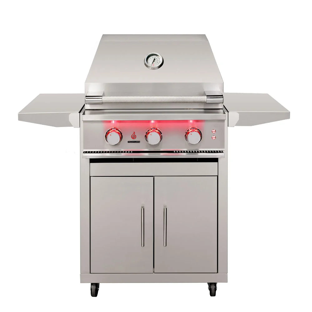 TrueFlame 25-inch freestanding gas grill on Deluxe stainless steel grill cart