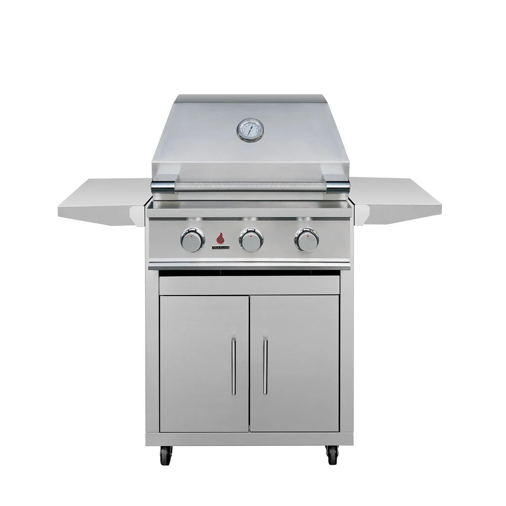 Front view of TrueFlame 25-inch grill installed on Deluxe Freestanding Grill Cart