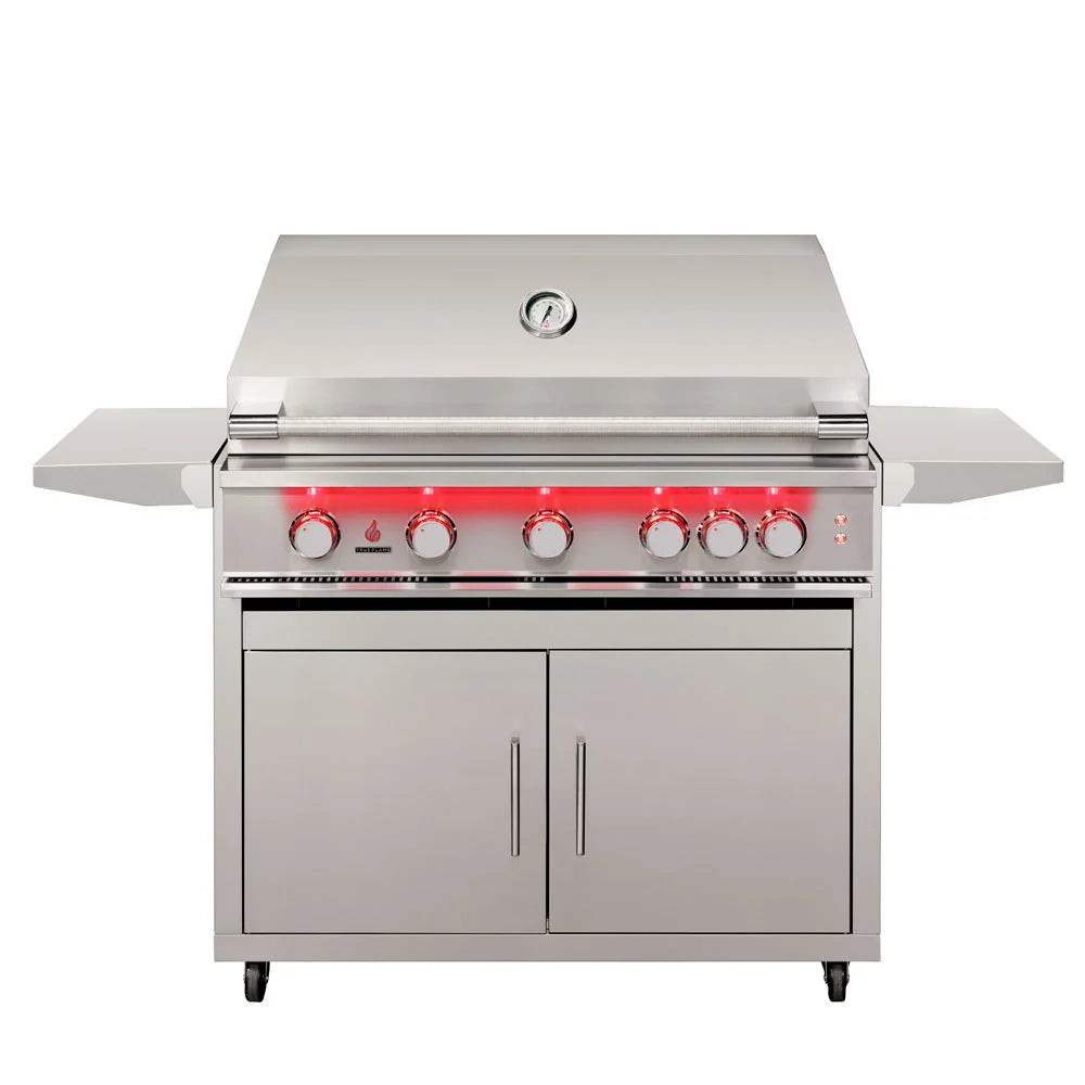 TrueFlame 40-inch freestanding gas grill on Deluxe stainless steel grill cart