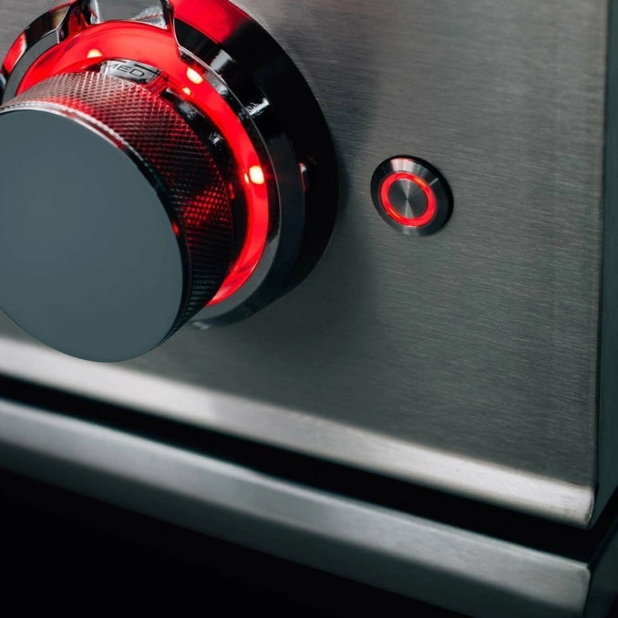 Close-up of the TrueFlame TFSB2 illuminated control knob and LED ignition button