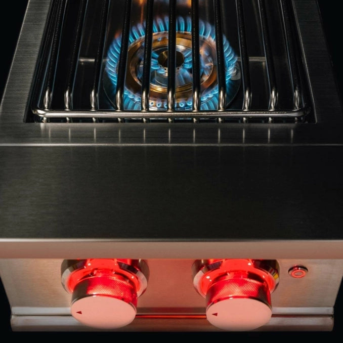 TrueFlame Double Side Burner with brass-plated burner and red LED control lighting