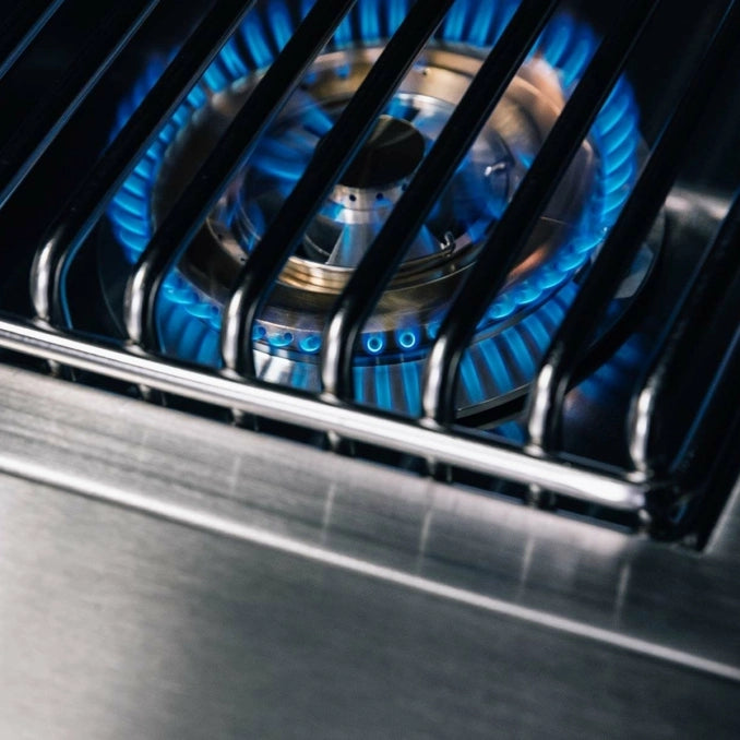 Blue flame from the brass-plated burner on the TrueFlame Double Side Burner