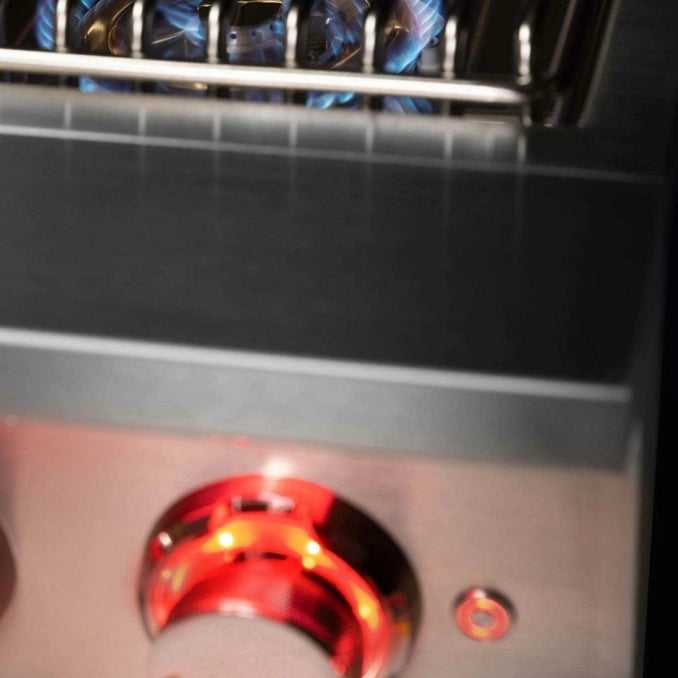 TrueFlame TFSB2 built-in side burner showing LED-lit control panel and burner flame