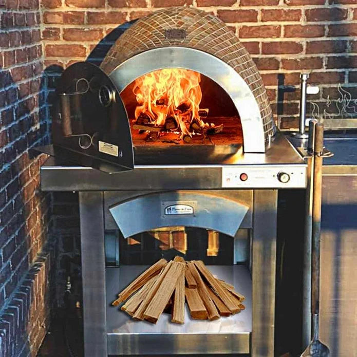 HPC Fire premium white oak cooking wood stored below Forno de Pizza outdoor pizza oven