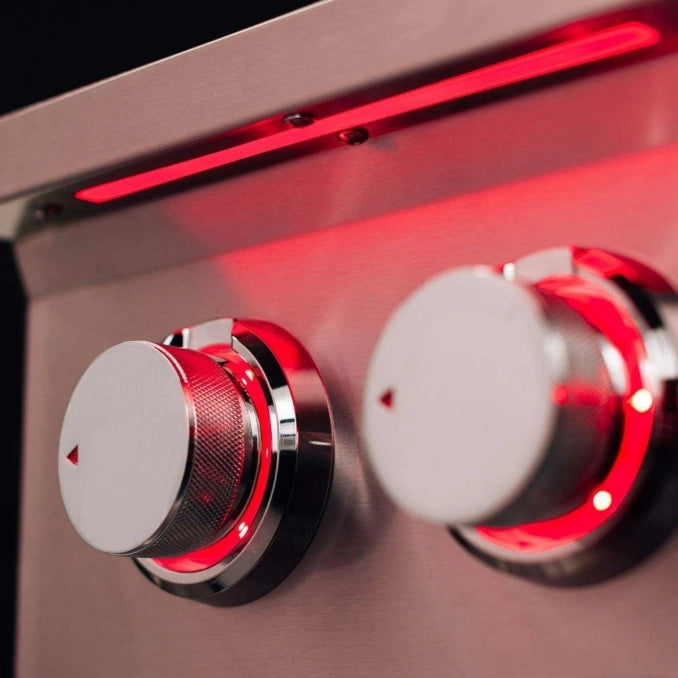 TrueFlame built-in power burner featuring full-length LED light bar and illuminated control knobs