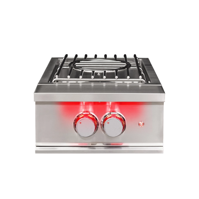 TrueFlame built-in power burner with dual cast stainless steel ring burners and LED illuminated control knobs