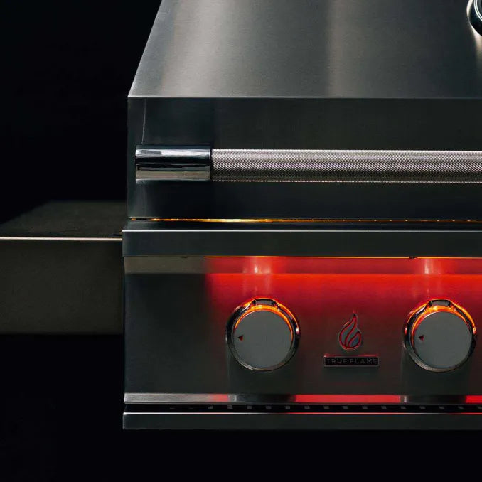 Knurled stainless steel handle and illuminated controls on TrueFlame 40-Inch grill