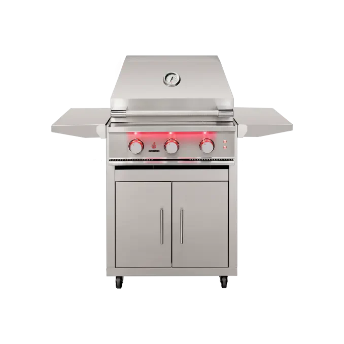 TrueFlame 25-inch freestanding gas grill with closed hood, folding side shelves and stainle