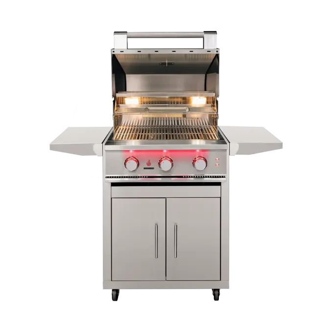 25-inch TrueFlame TF25 freestanding gas grill with stainless steel cart and LED control lighting