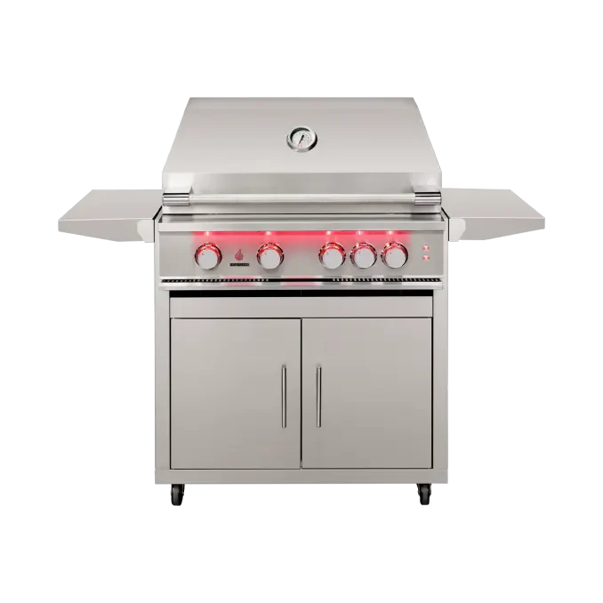 TrueFlame 32-inch 4 burner freestanding gas grill with stainless steel cart and fold-down side shelves
