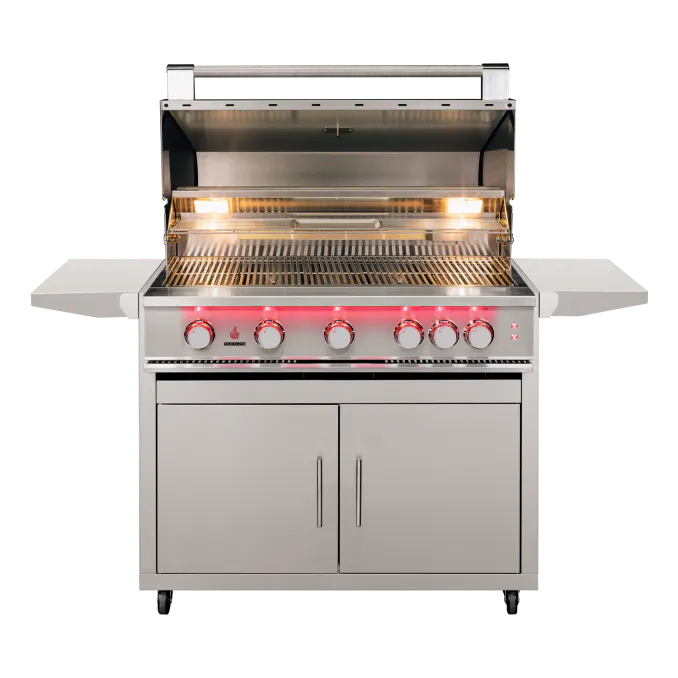 40-Inch TrueFlame freestanding grill with open hood and interior lighting