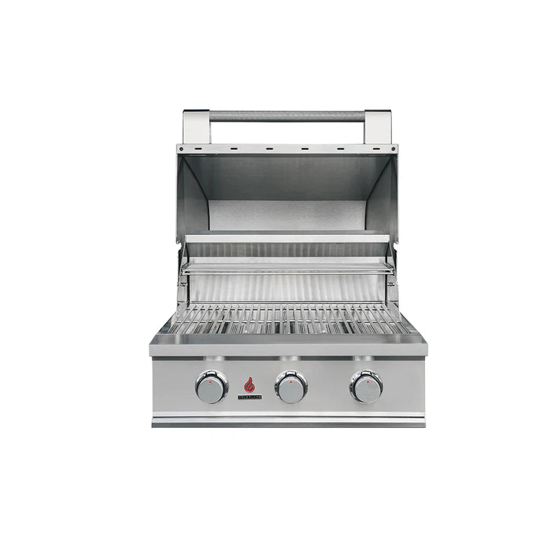 TrueFlame TFE Series 25-inch 3 burner built-in gas grill with hood open and warming rack