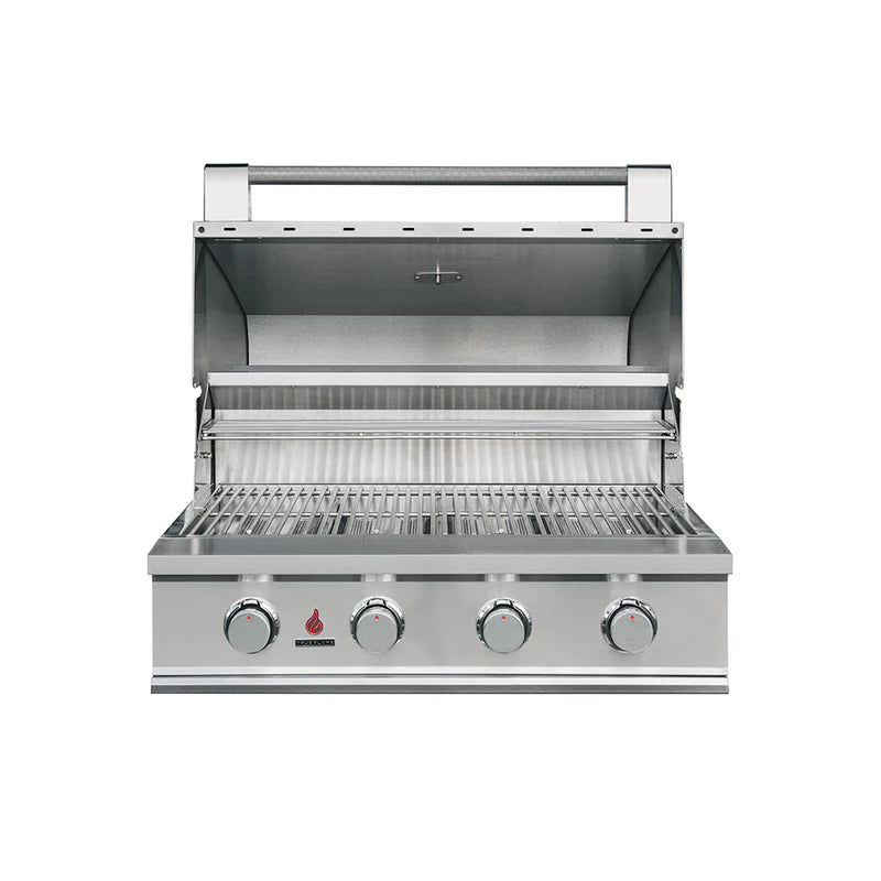 TrueFlame TFE Series 32-Inch 4 Burner Built-In Grill with hood open showing 716 square inches of cooking space