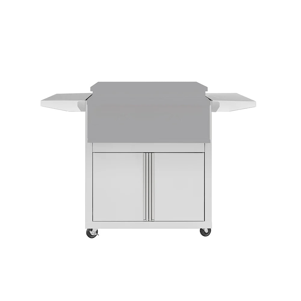 Front view of TrueFlame 30-Inch Freestanding Griddle Cart with fold-down side shelves and double access doors