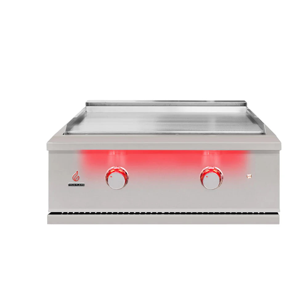 Front view of the TrueFlame 30-inch built-in gas griddle with heavy-duty stainless steel cooking surface exposed