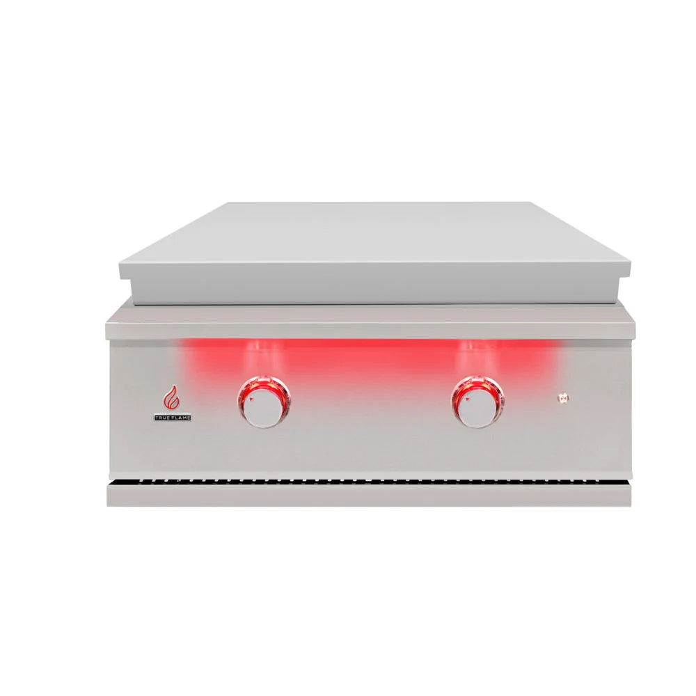 TrueFlame TFG30 built-in gas griddle with #304 stainless steel protective lid closed and illuminated LED control knobs