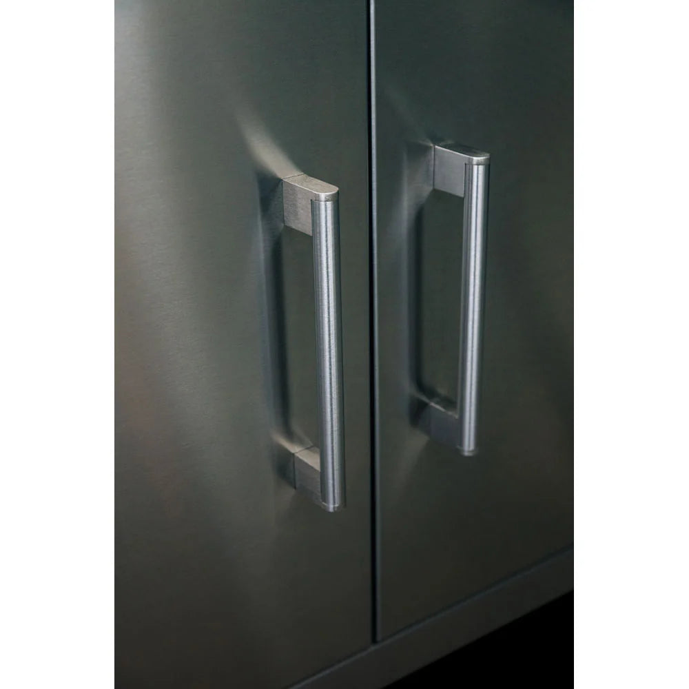 Close-up of TrueFlame Deluxe Grill Cart stainless steel door handles