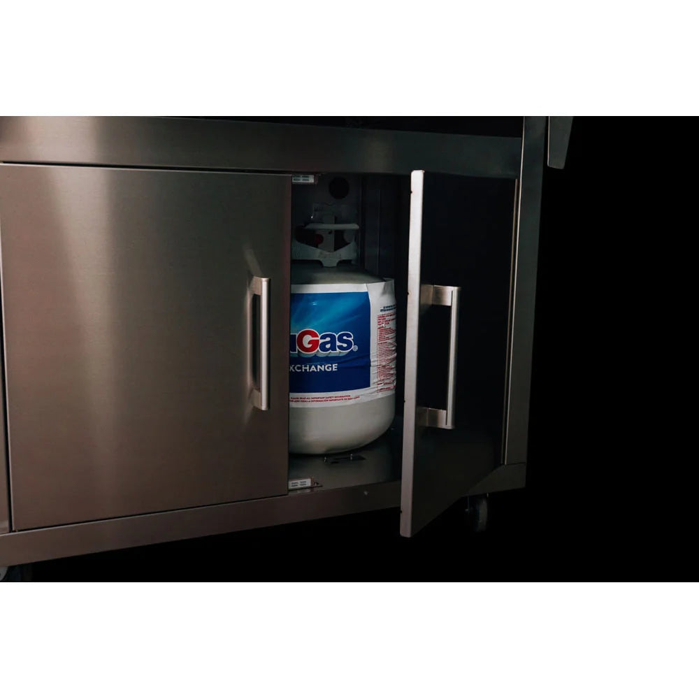 Interior propane tank storage inside TrueFlame Deluxe Freestanding Grill Cart