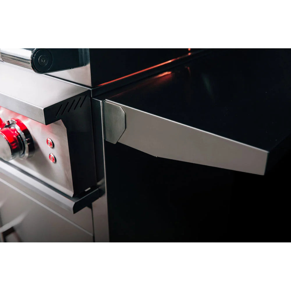 Close-up of TrueFlame Deluxe Grill Cart foldable stainless steel side shelf