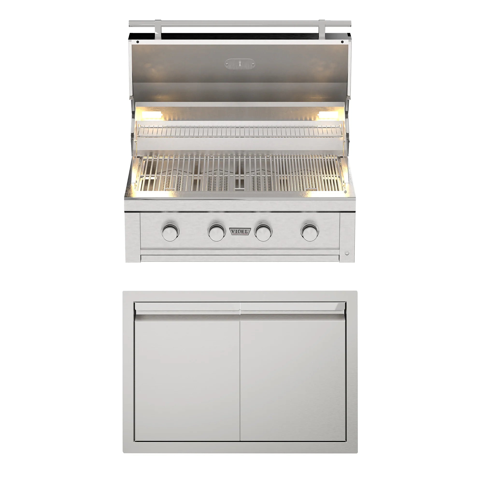 Open stainless steel gas grill displaying premium cooking grates and burners
