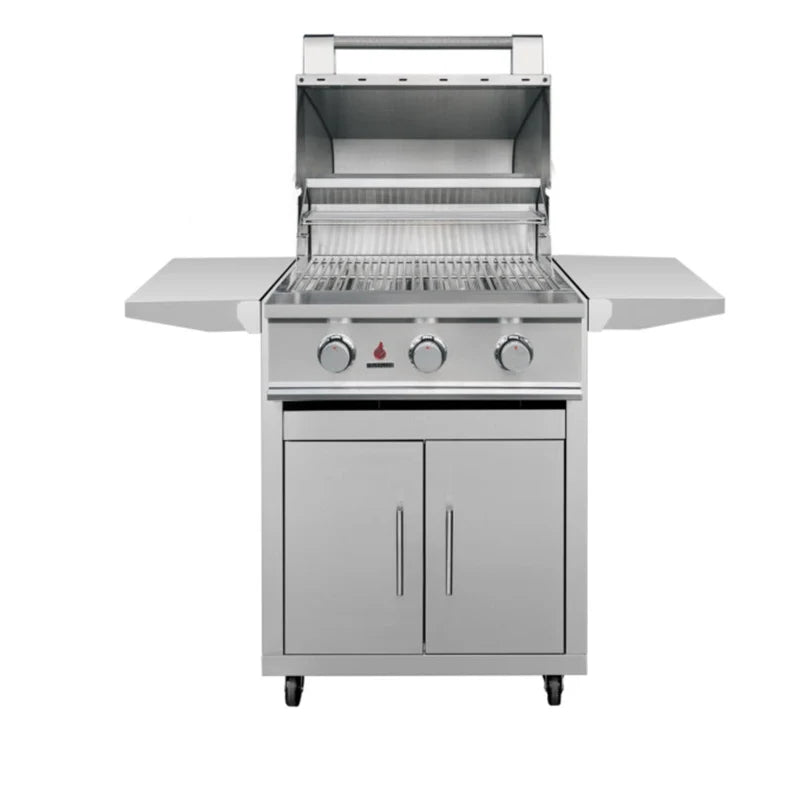 TrueFlame TFE 25-Inch 3 burner freestanding gas grill with stainless steel cart and side shelves