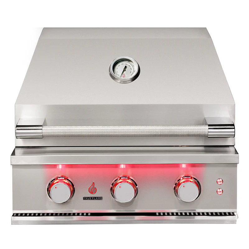 TrueFlame 25-Inch 3-Burner Built-In Gas Grill with #304 stainless steel construction and illuminated control knobs