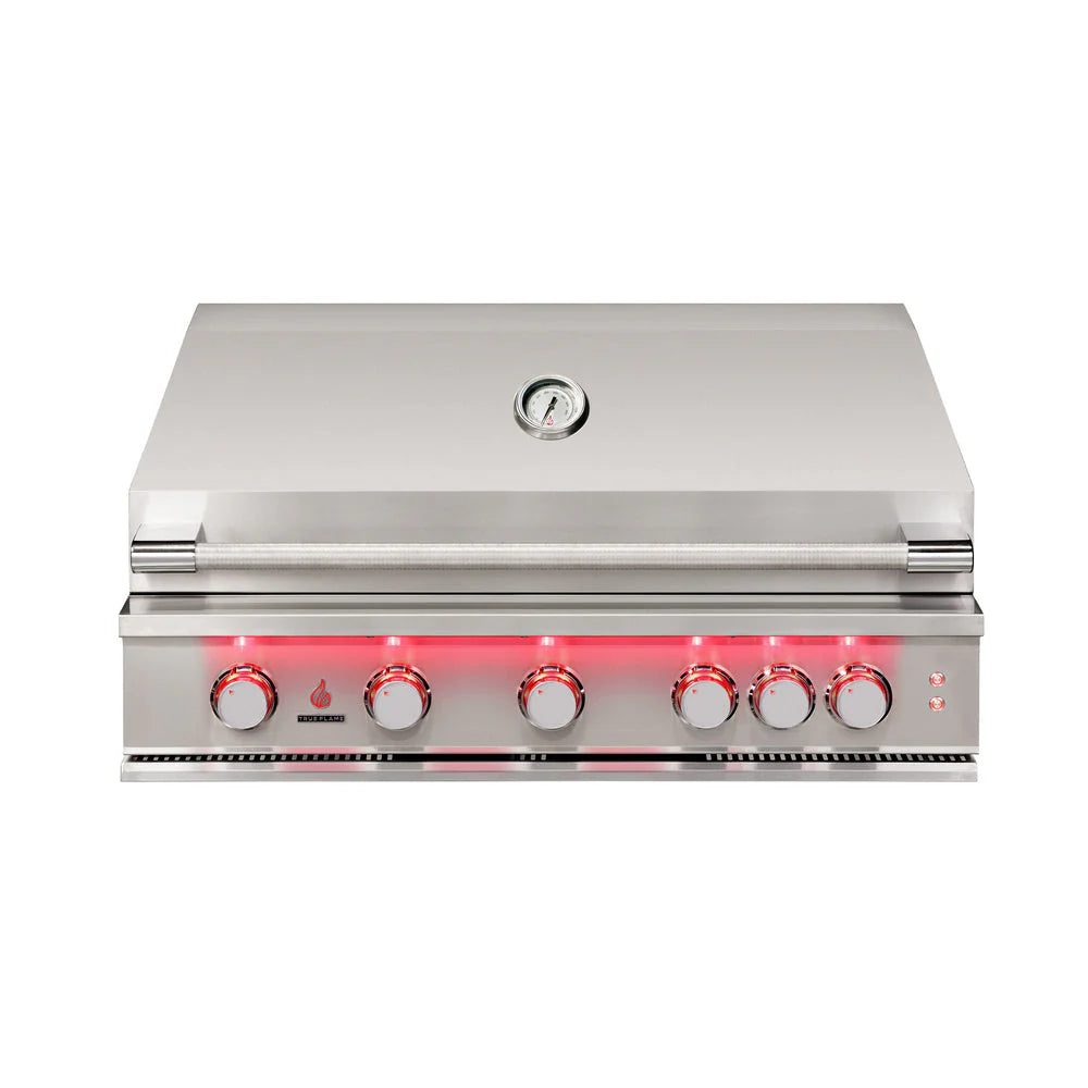 Front view of the TrueFlame TF40 40-inch 5 burner built-in gas grill with hood closed