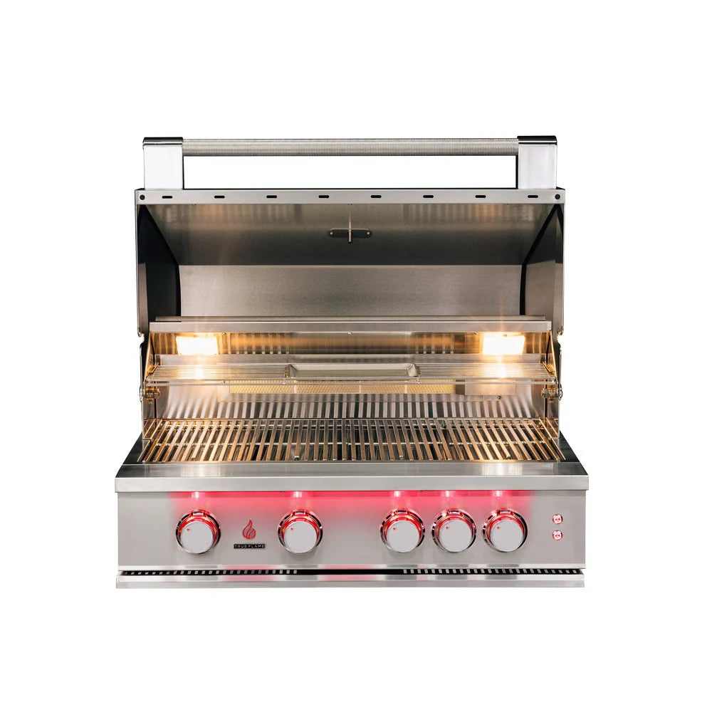 Interior halogen lighting inside the TrueFlame 32-Inch built-in gas grill