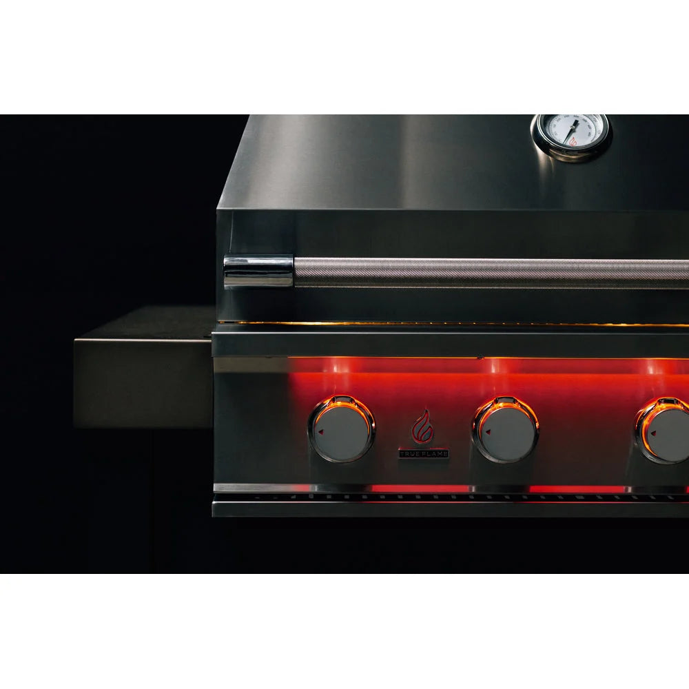 LED control knobs indicating active burners on the TrueFlame TF40 gas grill