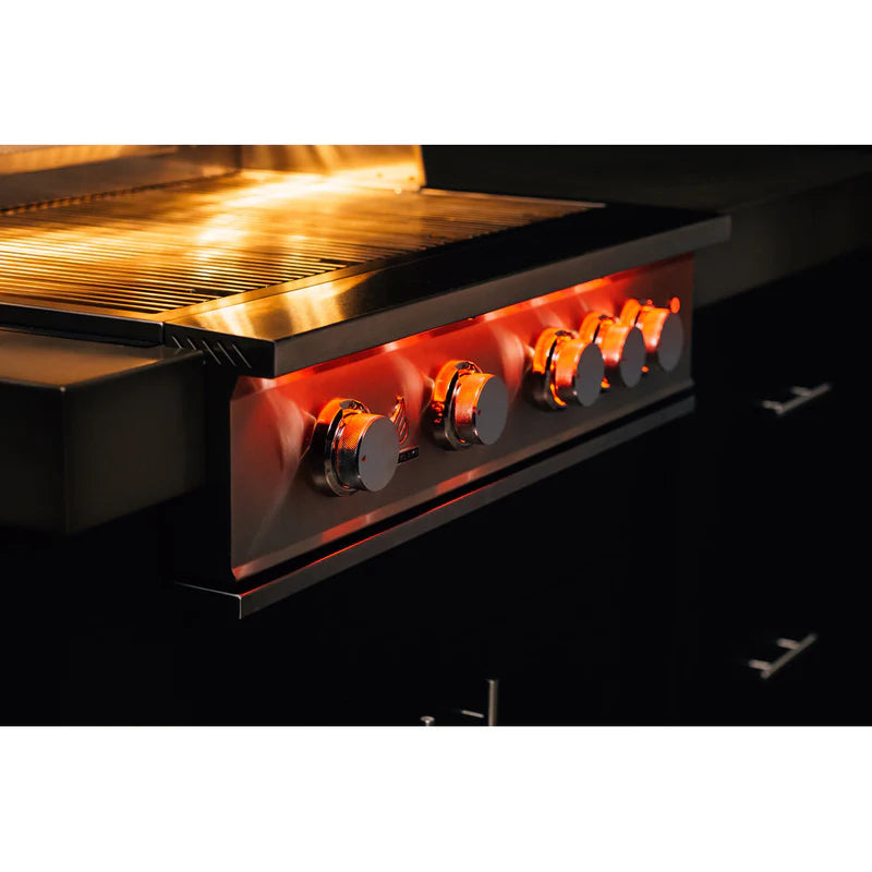 TrueFlame built-in gas grill with illuminated LED control knobs and premium stainless steel front panel