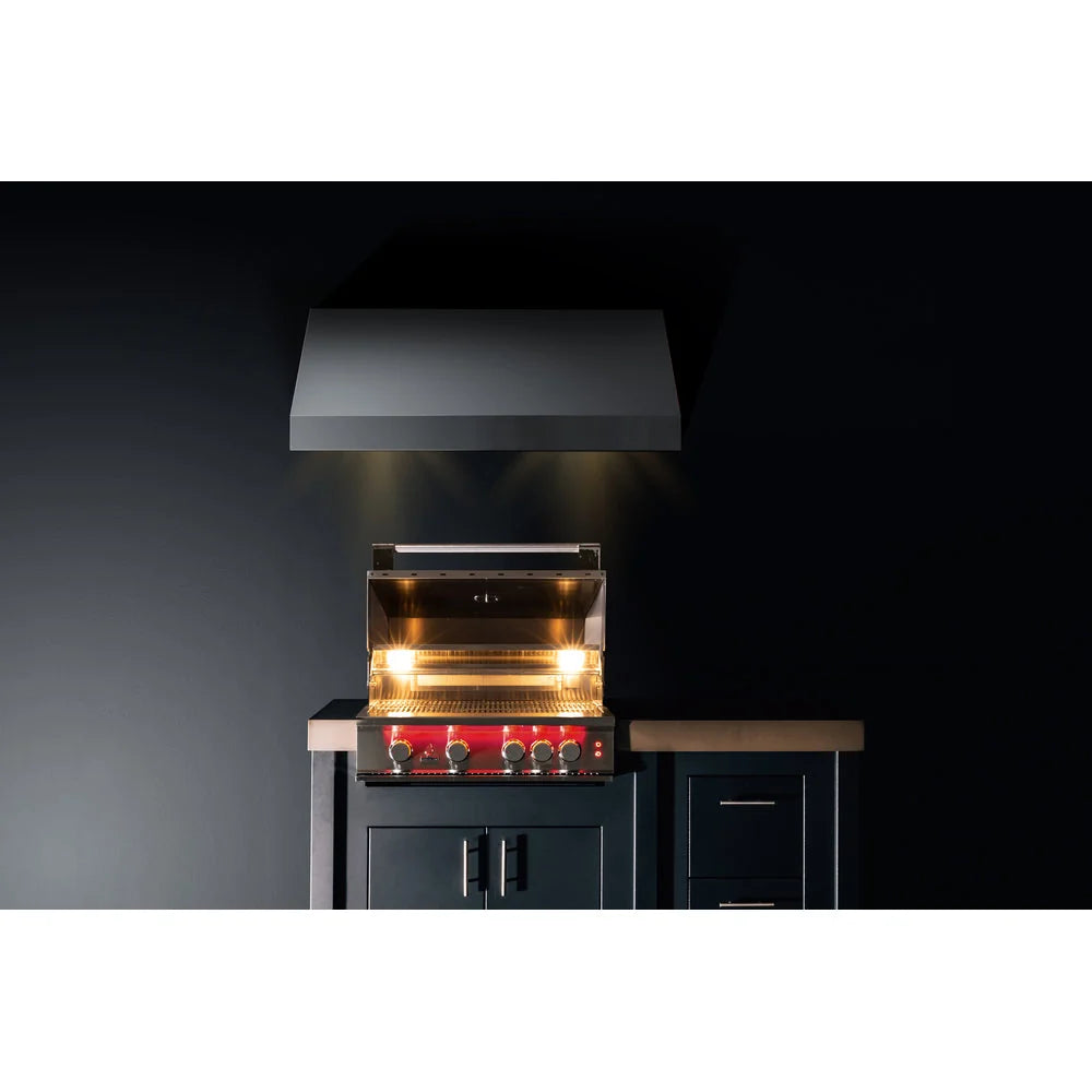TrueFlame TF40 built-in gas grill installed beneath a premium outdoor vent hood