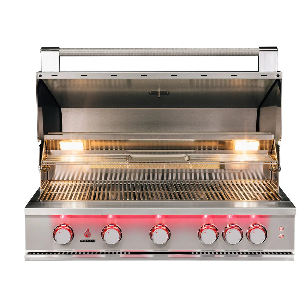 TrueFlame TF40 built-in gas grill with hood open showing stainless steel cooking grates and warming rack