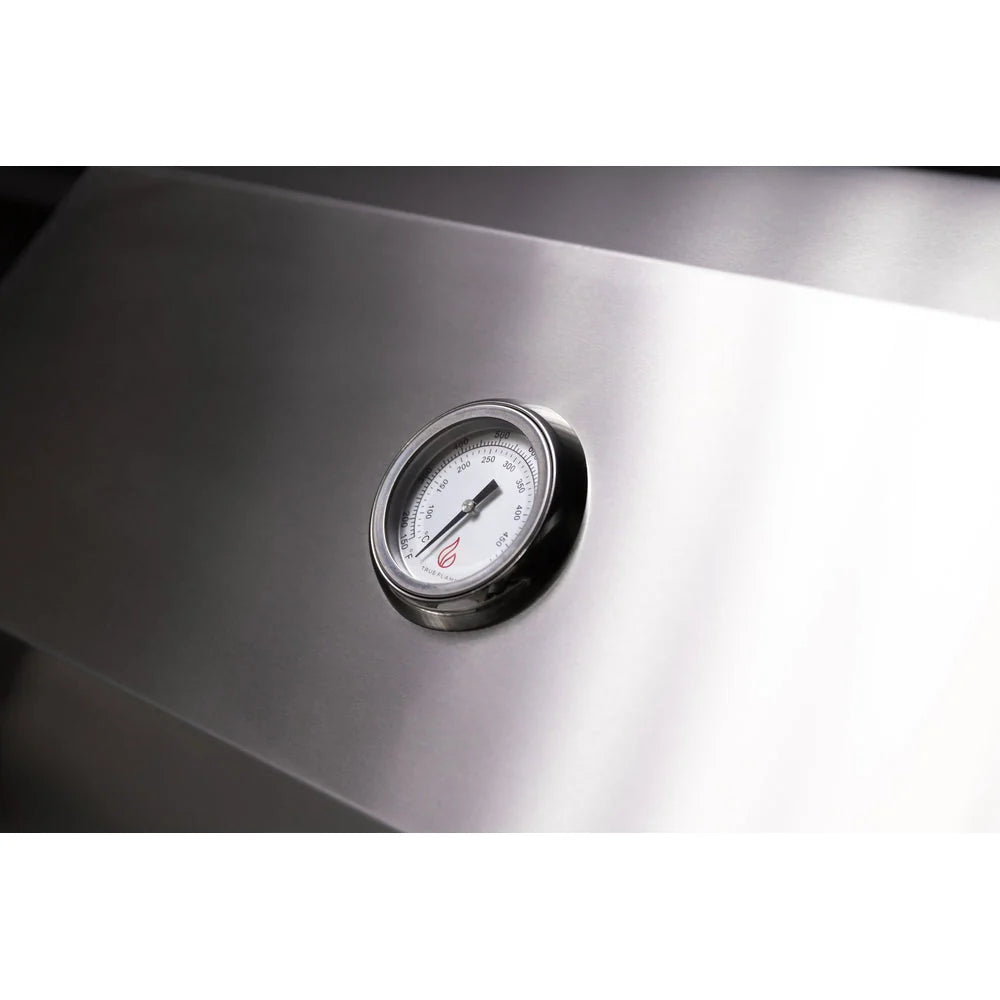 Built-in temperature gauge mounted on the hood of the TrueFlame TF40 grill