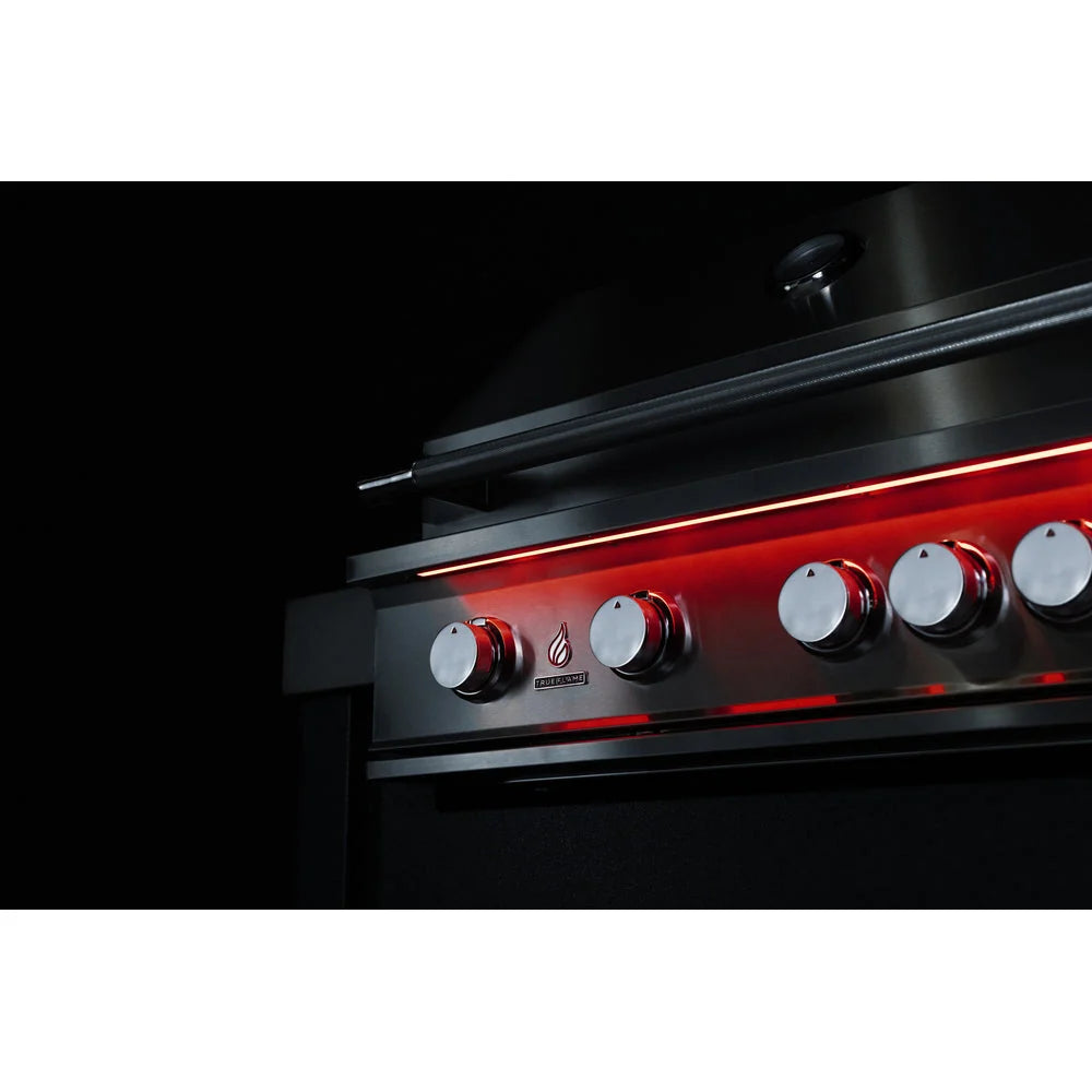Full-length LED light bar with illuminated burner control knobs