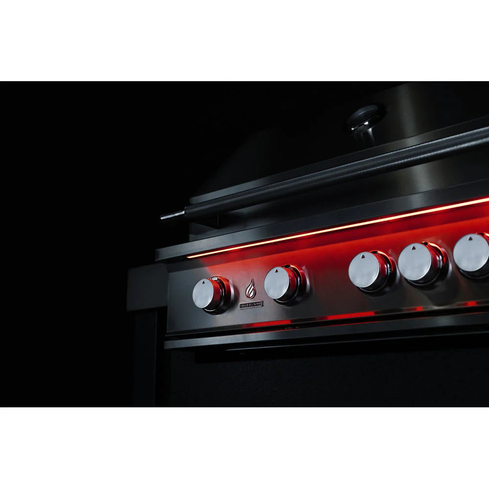 Full-length LED light bar and illuminated control panel on the TrueFlame 40-inch grill