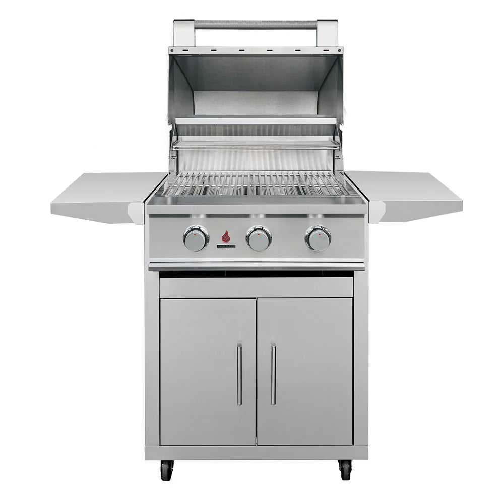 Close-up of TrueFlame 25-inch freestanding gas grill with cooking surface exposed