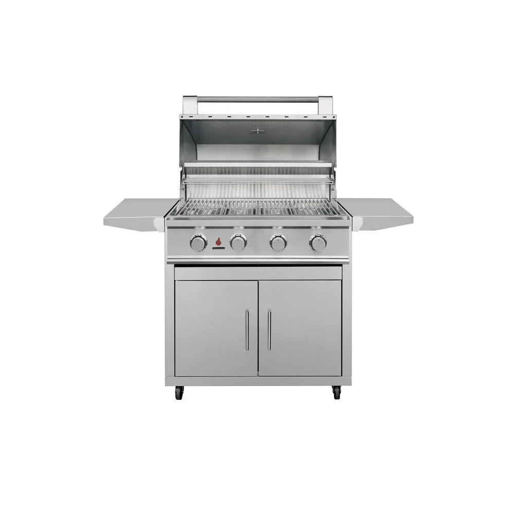 TrueFlame 32-inch gas grill installed on Deluxe Freestanding Grill Cart with hood open
