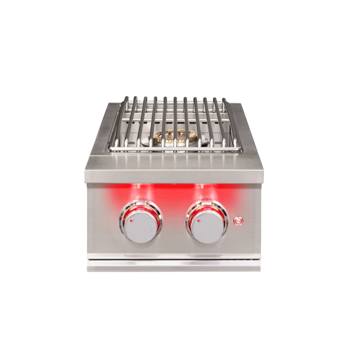 TrueFlame TFSB2 Double Side Burner front view with illuminated LED control knobs