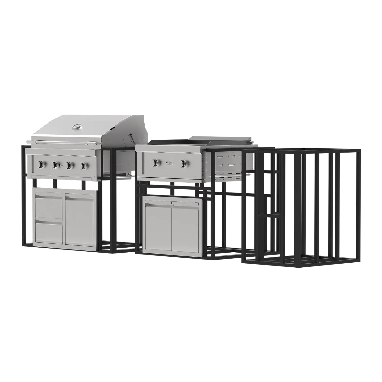 Videl USA Grill Signature Collection 3 luxury outdoor kitchen package with grill, griddle, doors, drawers, and modular island frame