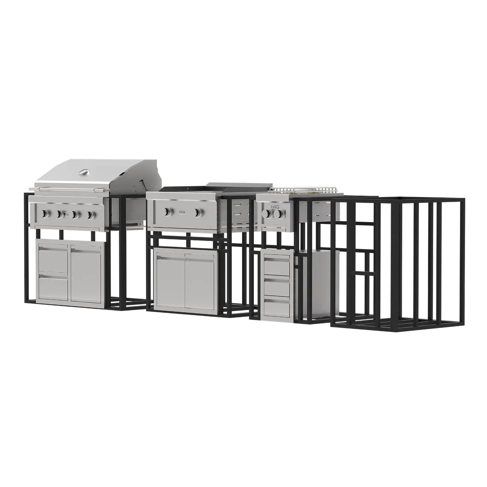 Videl USA Signature Collection 4 outdoor kitchen package with grill, griddle, side burner and unfinished modular island frames