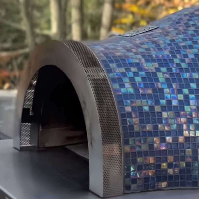 Close up of handcrafted glass mosaic tile finish on HPC Fire pizza oven