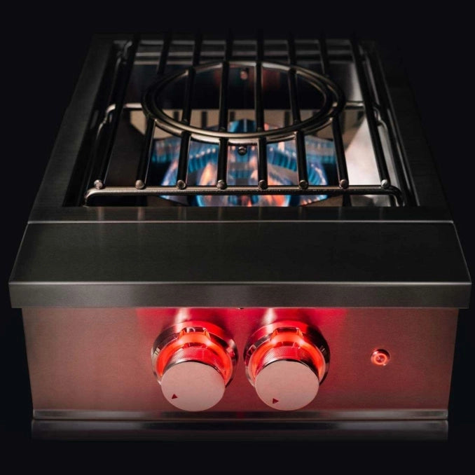TrueFlame 60,000 BTU built-in power burner with blue flame and illuminated control knobs