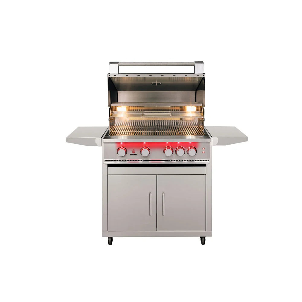 TrueFlame 32-inch grill on Deluxe cart with hood open