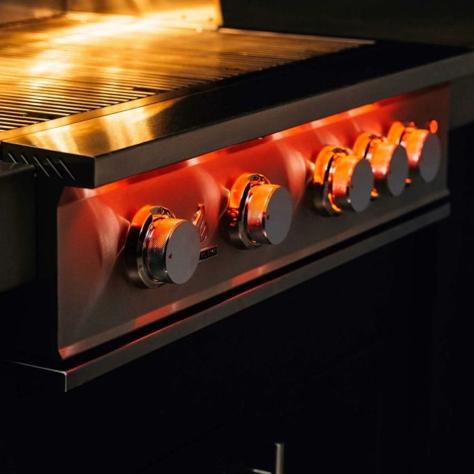 TrueFlame 32-inch 4 burner gas grill illuminated control knobs and exterior LED lighting