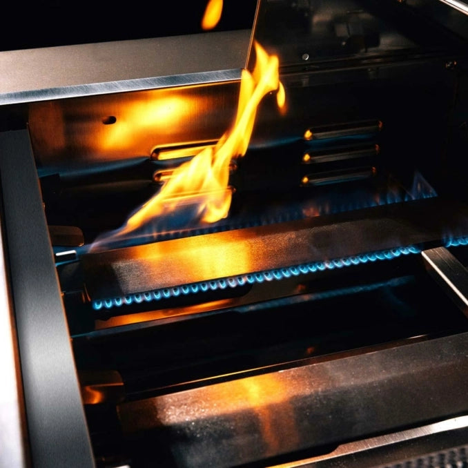 TrueFlame gas grill burner with stainless steel flame tamer and blue flame